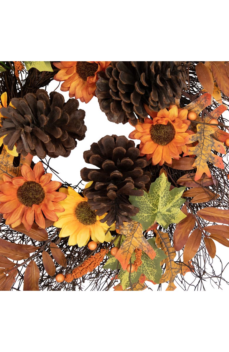 Northlight Sunflowers and Pinecones Artificial Fall Harvest Twig Wreath - 24", Alternate, color, Orange