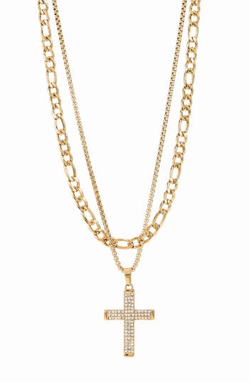American Exchange Set Of 2 Figaro Chain & Pavé Crystal Cross Pendant Necklaces
