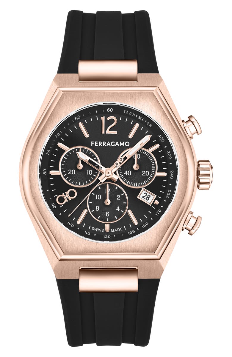 FERRAGAMO Tonneau Chronograph Silicone Strap Watch, 42mm, Main, color, Rosegold