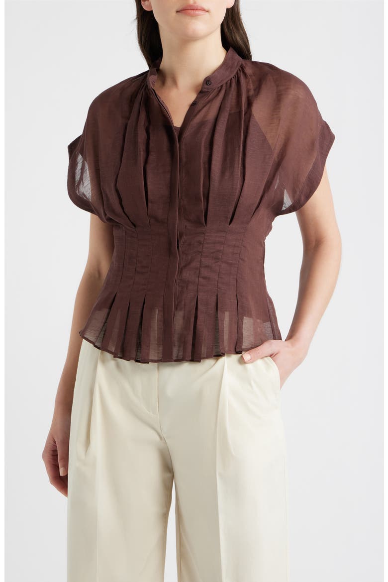 Badavina Pleat Waist Sheer Button-Up Shirt, Main, color, MOCHA