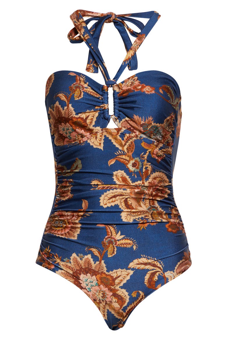 Aster Wide Link One-Piece Halter Swimsuit, Alternate, color, NAVY JACOBEAN