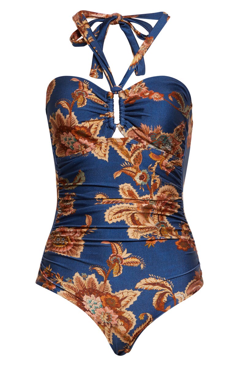 Zimmermann Aster Wide Link One-Piece Halter Swimsuit, Alternate, color, Navy Jacobean