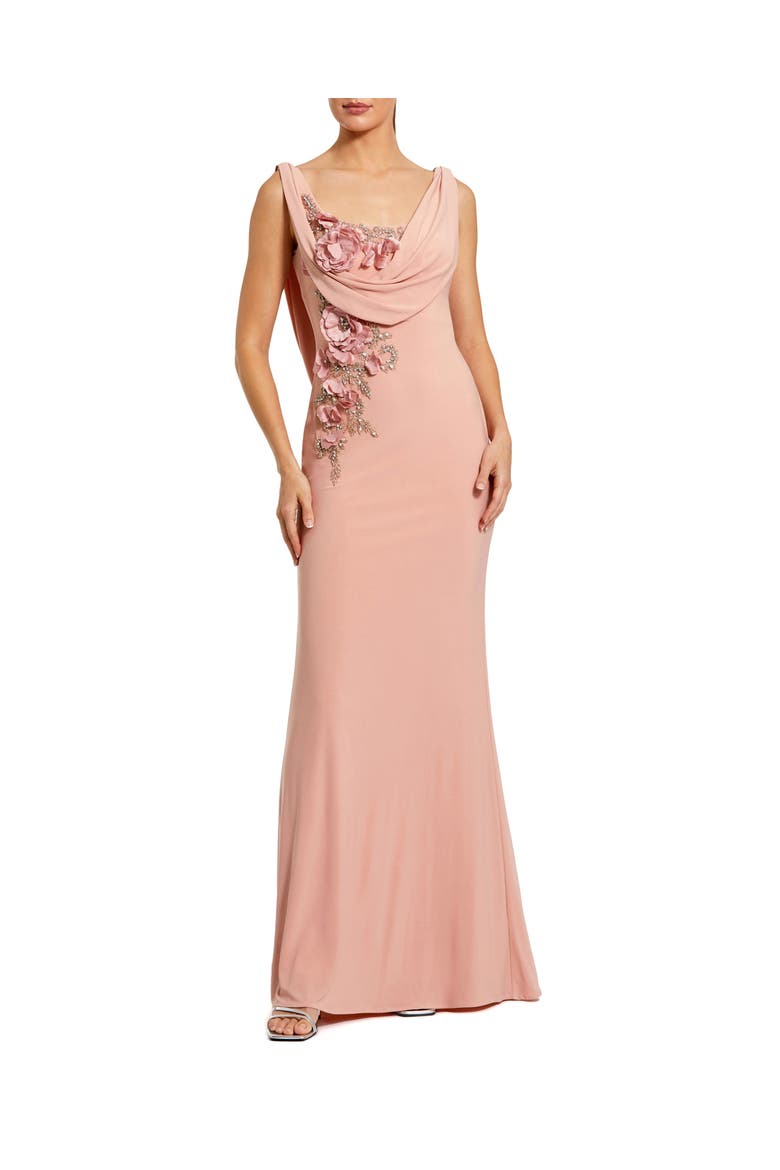 Sleeveless 3D Flower Detailing Cowl Neck Gown, Main, color, Peach