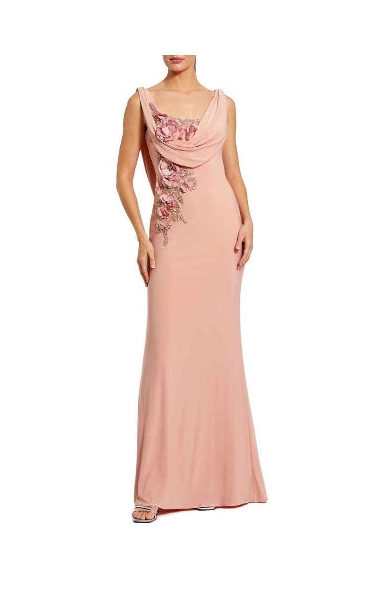 Mac Duggal Sleeveless 3D Flower Detailing Cowl Neck Gown, Main, color, Peach