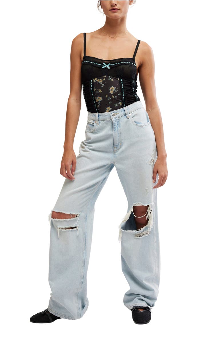 Free People Sara Floral Print Lace Corset Bodysuit, Alternate, color, Black Combo