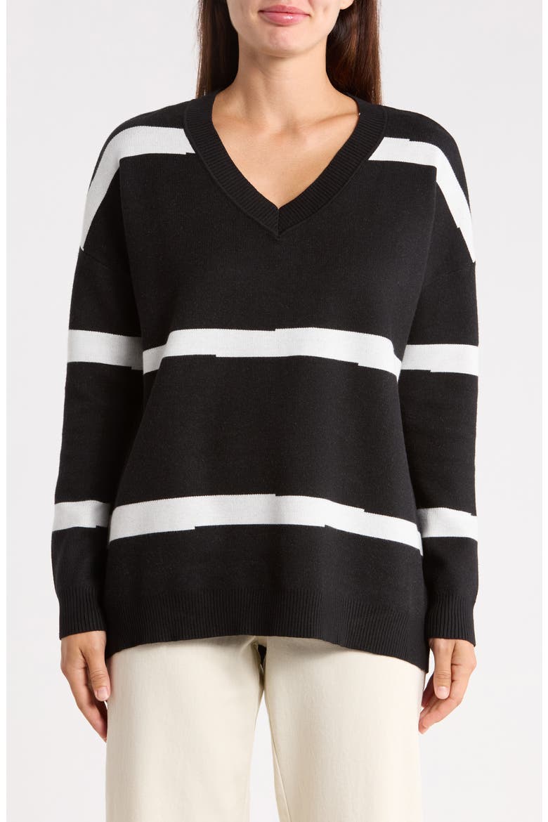 Striped V-Neck Sweater, Main, color, BLACK
