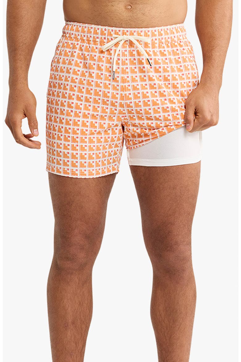 Bungalow Geo Print Water Repellent Swim Trunks, Alternate, color, SUNSET STAIRS (815)