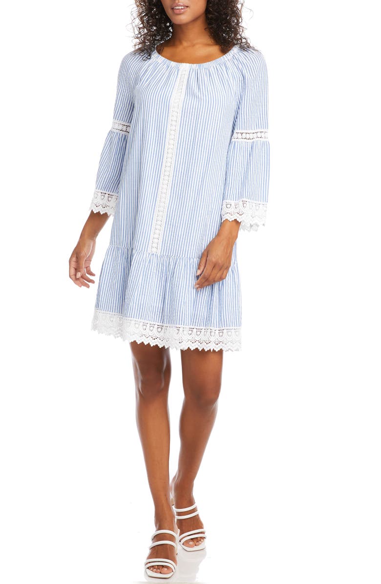 Karen Kane Mixed Lace Cotton Dress, Main, color, Blue Stripe