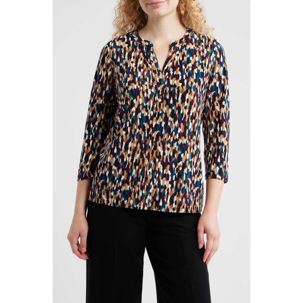 Ak Anne Klein Woodblock Print V-neck Top In Multi