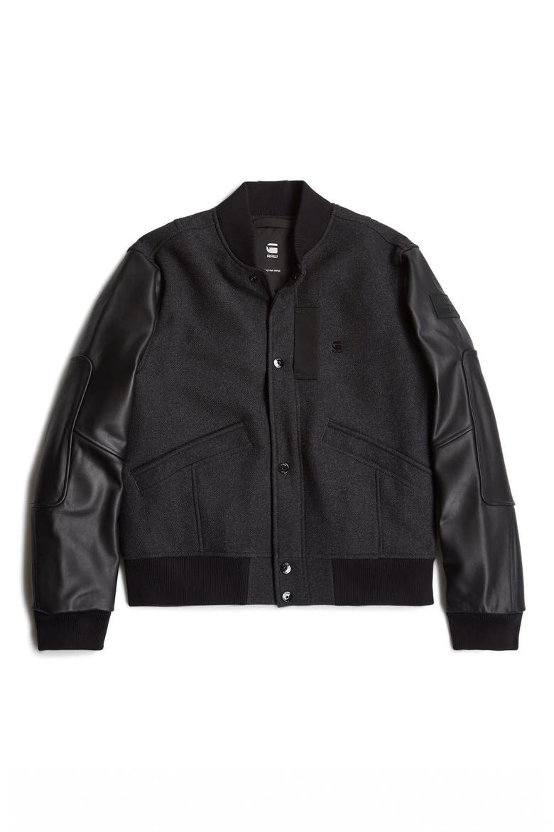 Wool Blend & Leather Varsity Jacket, Alternate, color, SHADOW