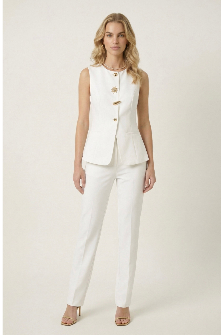 Sleeveless Tailored Blazer Top with Button Detail, Alternate, color, White