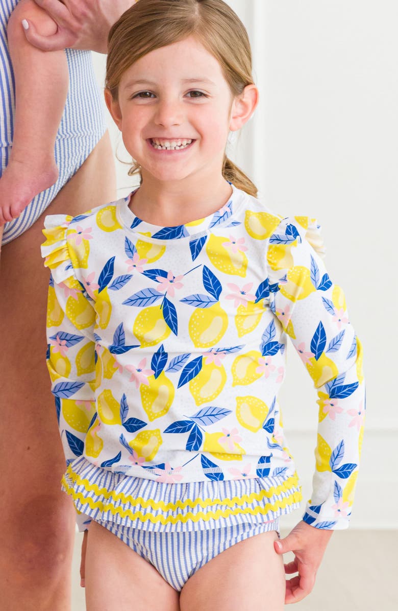 RuffleButts Lemon Capri Ruffle Long Sleeve Two-Piece Rashguard Swimsuit, Alternate, color, Yellow