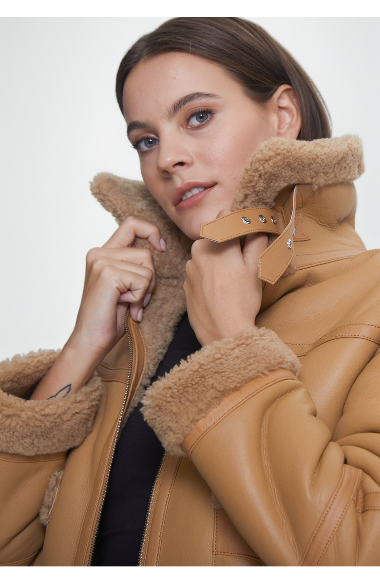 Furniq UK Ophelia Leather Shearling Jacket, Alternate, color, Beige