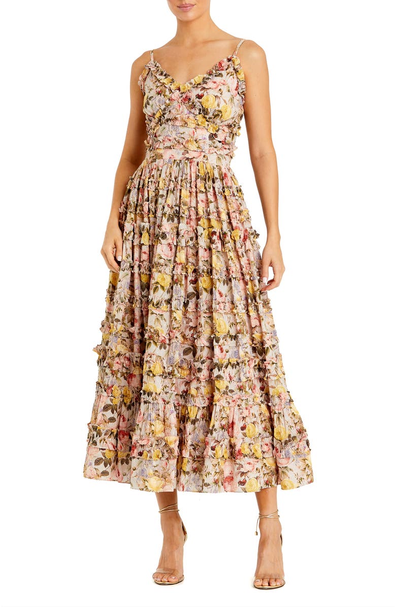 Mac Duggal Floral Print Ruffle Tiered Midi Dress, Main, color, Ivory Multi