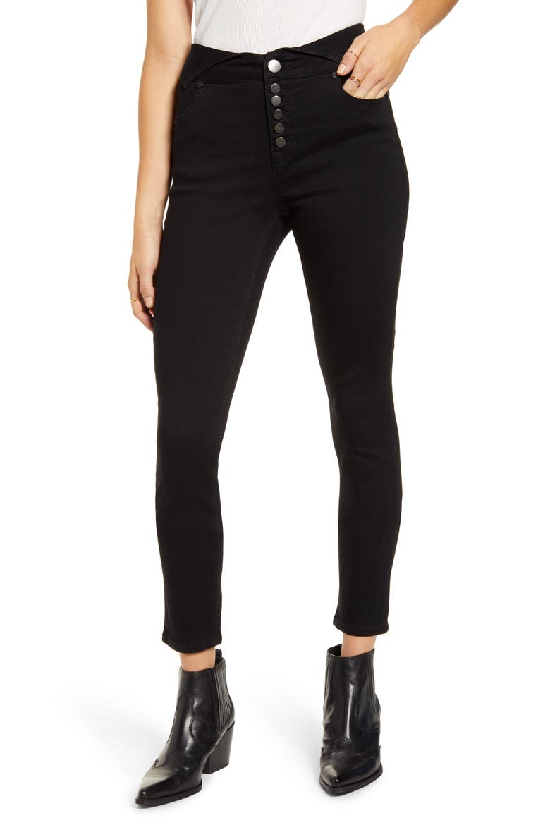 Fold Over Waist Ankle Skinny Jeans, Main, color, BLACK