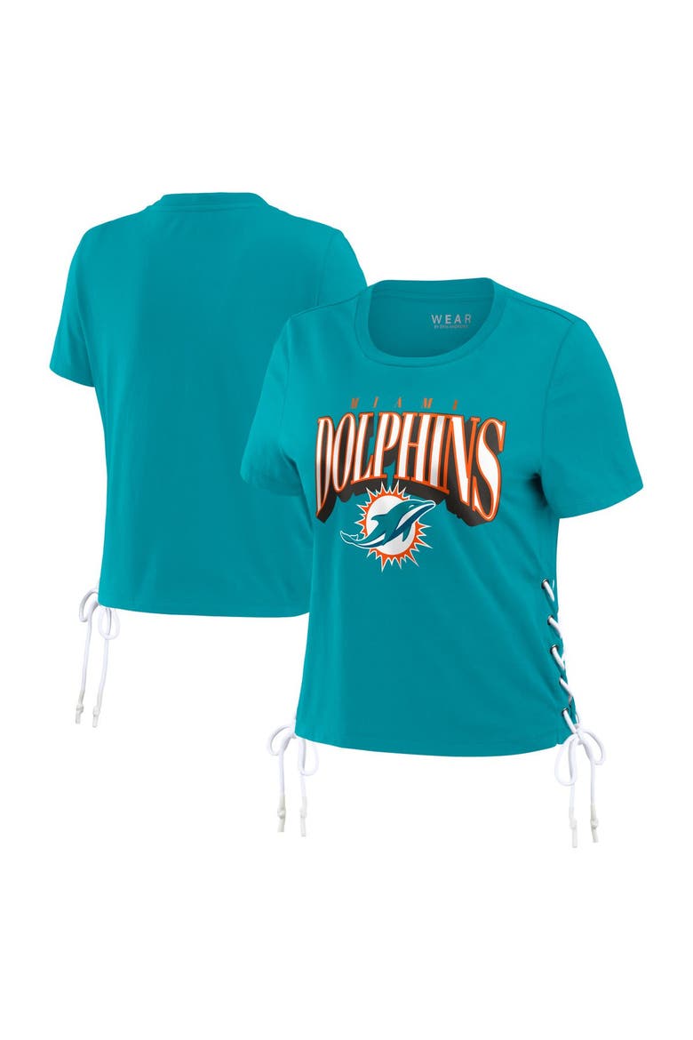 Women's WEAR by Erin Andrews Aqua Miami Dolphins Lace Up Side Modest Cropped T-Shirt, Alternate, color, Aqua