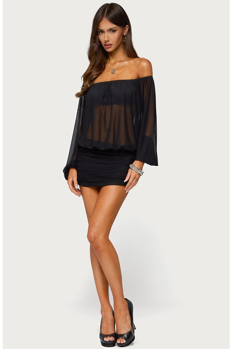 Jorie Off the Shoulder Mesh Minidress, Alternate, color, BLACK