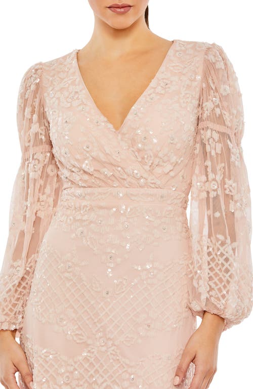 Mac Duggal Sequined Tiered Wrap Over Puff Sleeve Gown In Blush