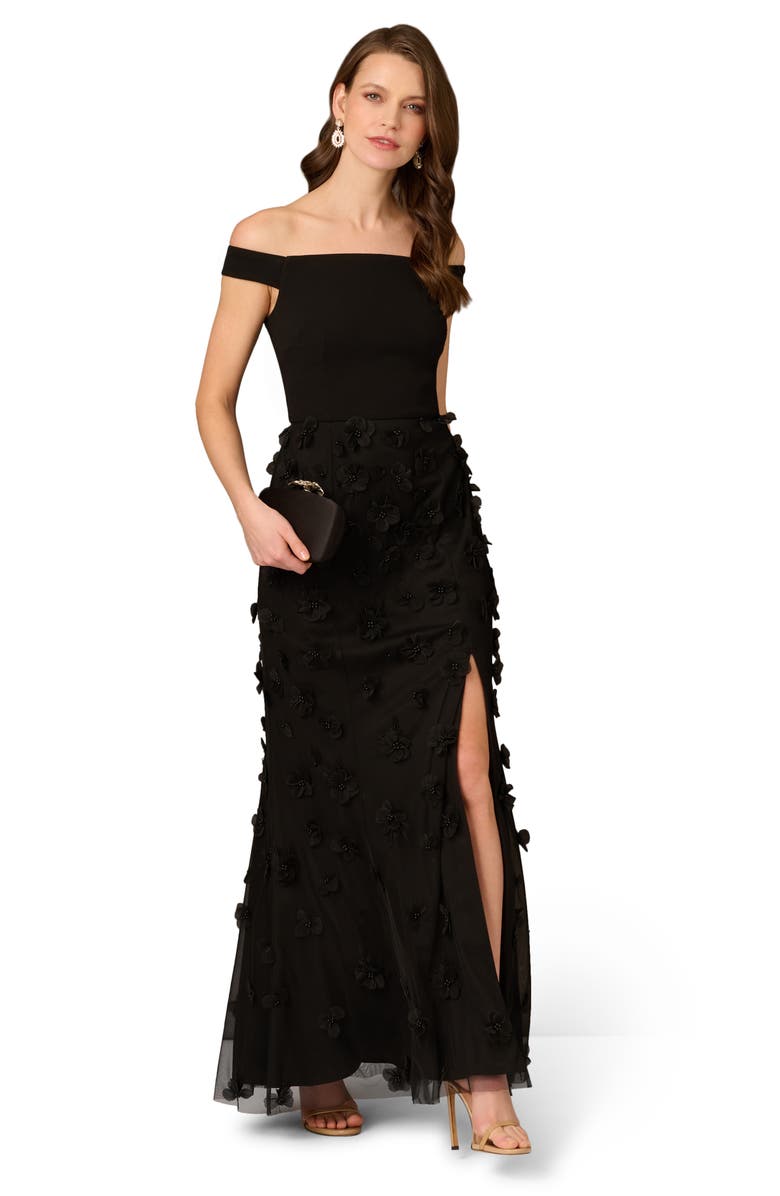 Aidan Mattox by Adrianna Papell Floral Appliqué Off the Shoulder Mixed Media Gown, Alternate, color, 