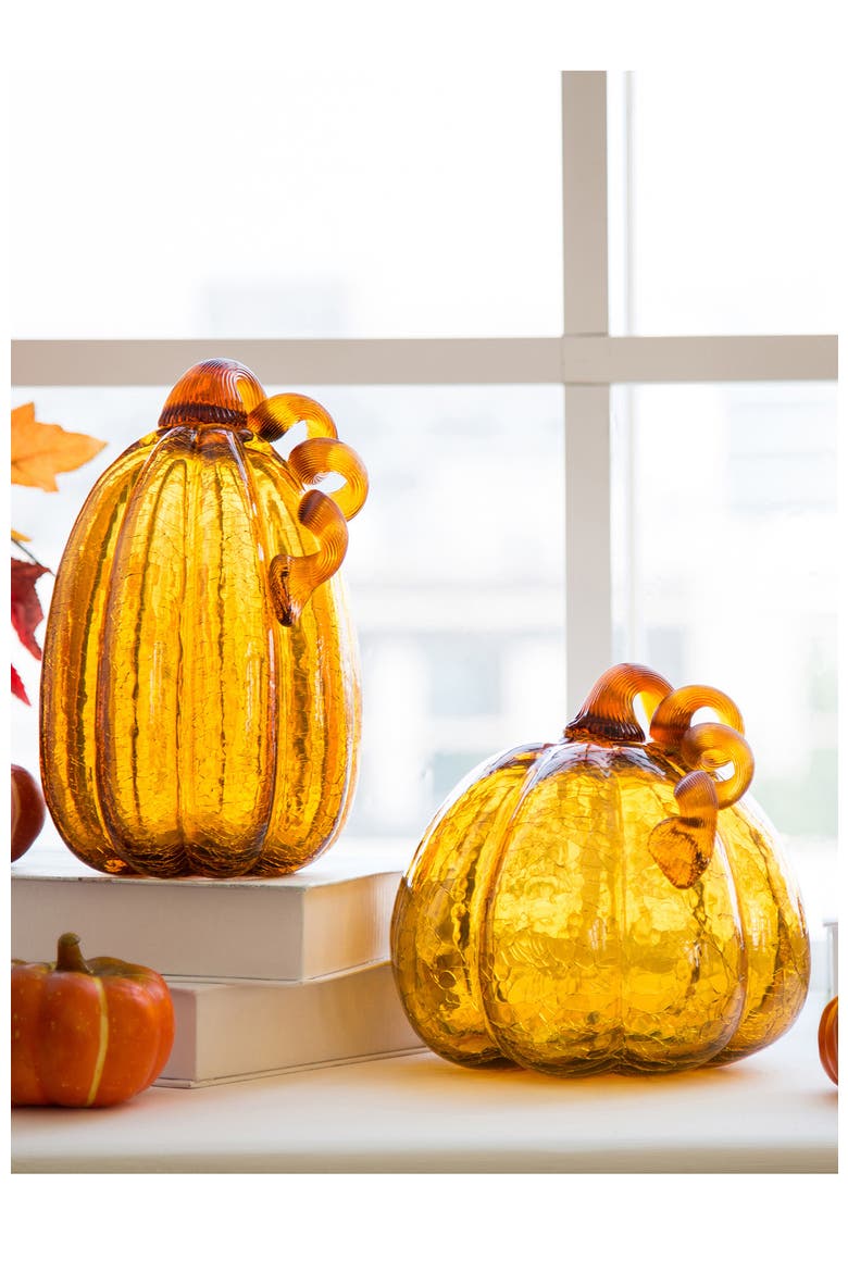 Set of 2 Glass Short Pumpkins, Alternate, color, Amber
