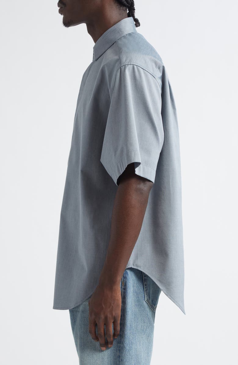 Fear of God Short Sleeve Cotton & Wool Stretch Oxford Button-Up Shirt, Alternate, color, Melange Slate