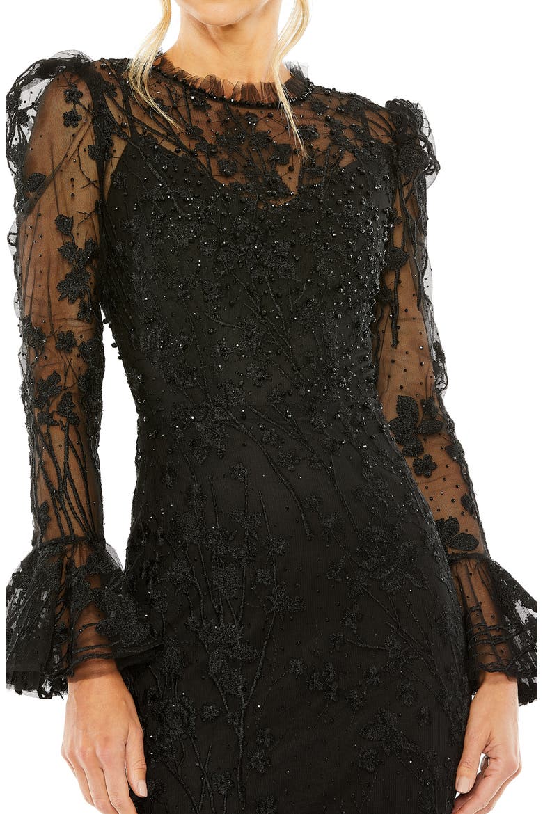 Embellished Ruffle Wrist High Neck Midi Dress, Alternate, color, BLACK