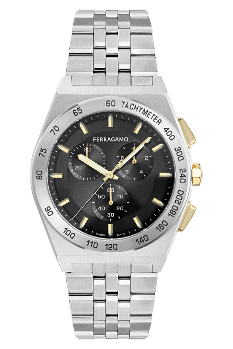 Vega New Chrono Bracelet Watch, 42mm, Main, color, BLACK/ STAINLESS STEEL