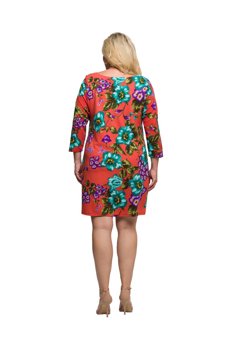24seven Comfort Apparel Floral Print Three Quarter Sleeve A-Line Knee Length Dress, Alternate, color, Orange Multi