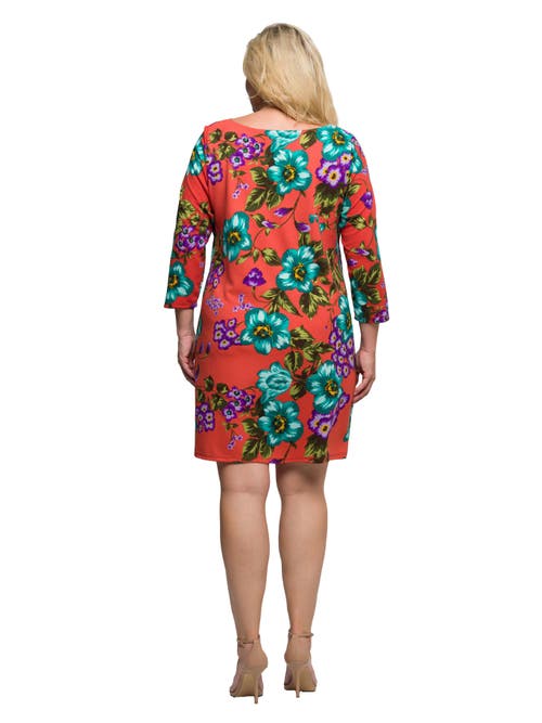 24seven Comfort Apparel Floral Print Three Quarter Sleeve A-line Knee Length Dress In Multi