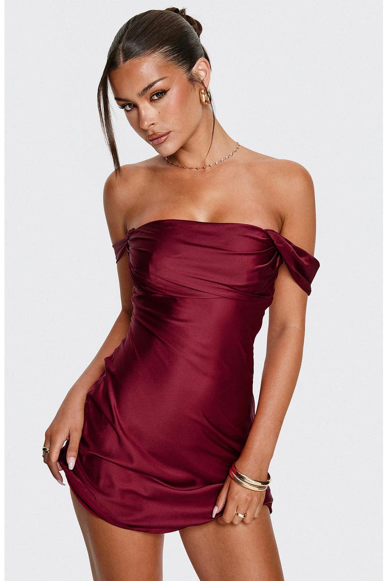 Zabbarra Off the Shoulder Satin Minidress, Alternate, color, BURGUNDY