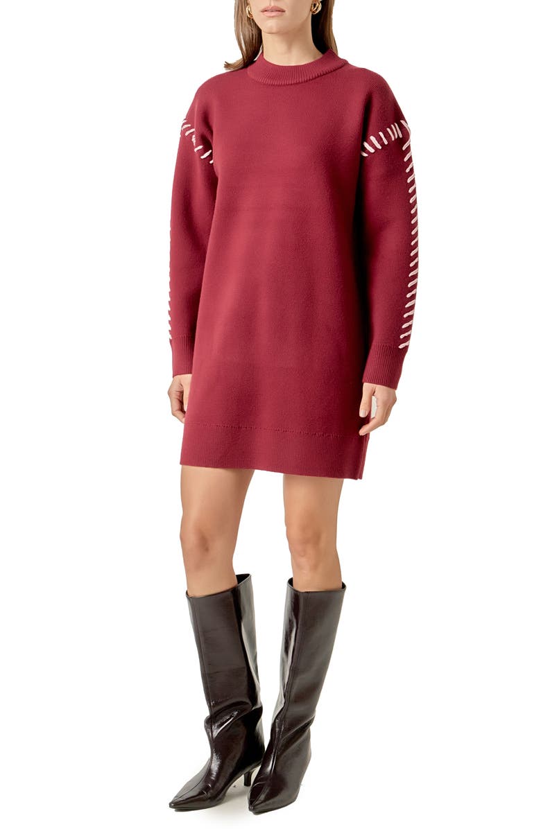 English Factory Whipstitch Long Sleeve Sweater Minidress, Alternate, color, Burgundy/ Pink