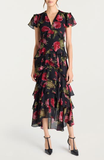 Cinq à Sept Tatum Floral Tiered Ruffle Maxi Dress in Obsidian Multi at Nordstrom Rack, Size 0