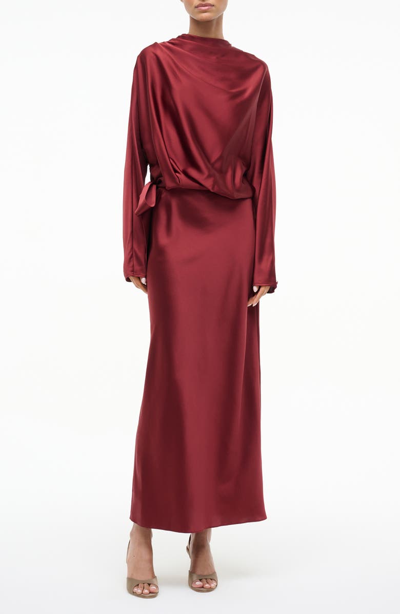 STAUD Phoebe Long Sleeve Stretch Silk Dress, Main, color, Sangria