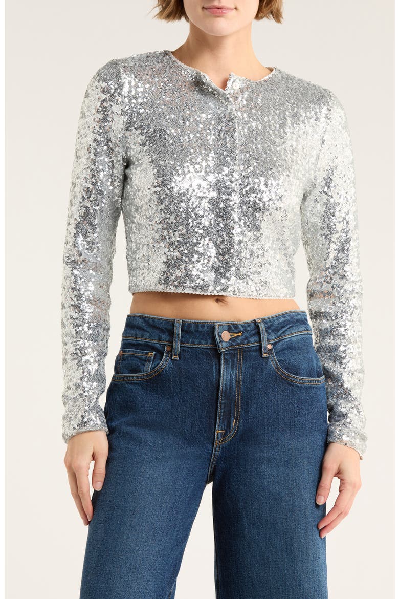 Cluster Sequin Crop Cardigan, Main, color, METALLIC SILVER001
