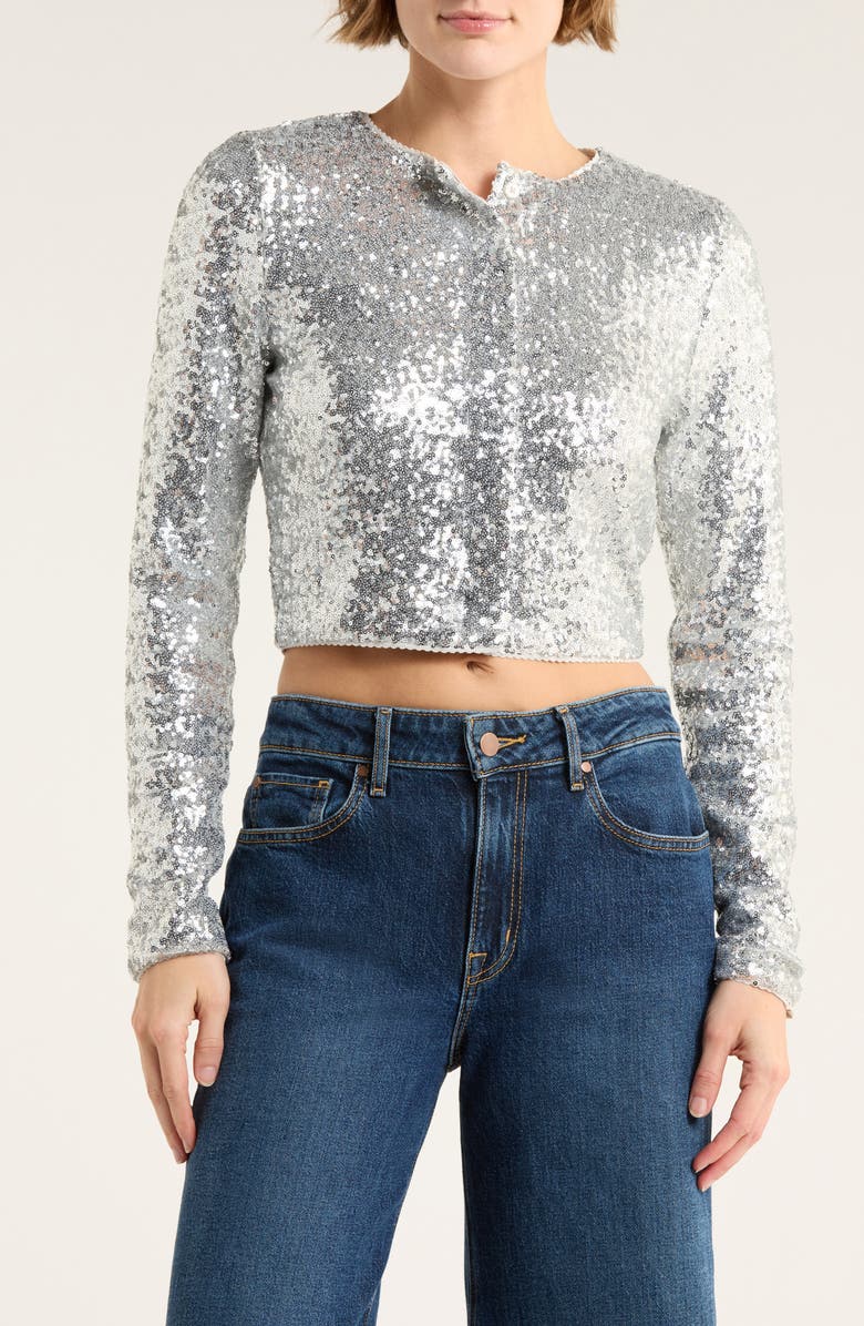 Good American Cluster Sequin Crop Cardigan, Main, color, Metallic Silver001