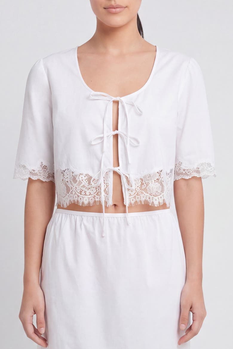 Soleil Lace Trim Tie Front Cotton Top, Main, color, White