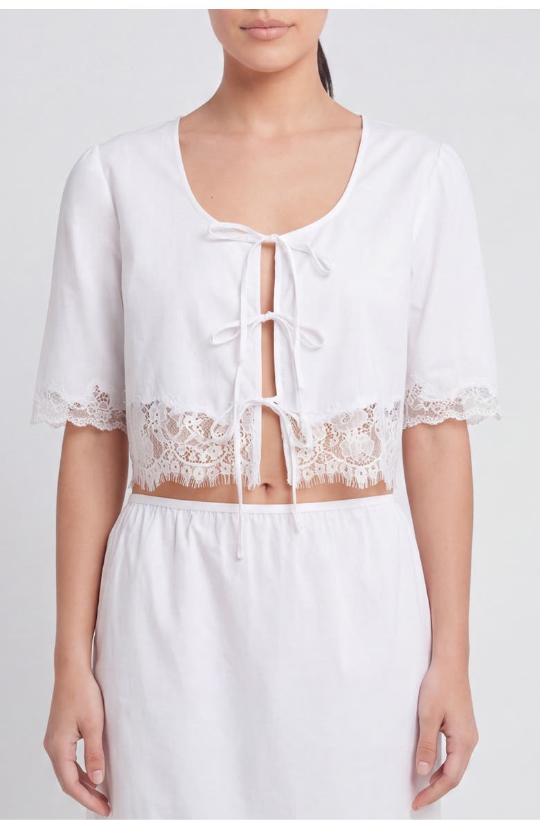 nuaje nuaje Soleil Lace Trim Tie Front Cotton Top, Main, color, White