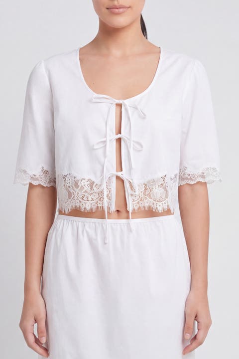 Soleil Lace Trim Tie Front Cotton Top
