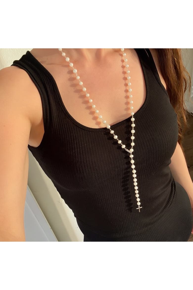 The Calista Convertible Pearl Rosary Necklace, Alternate, color, White