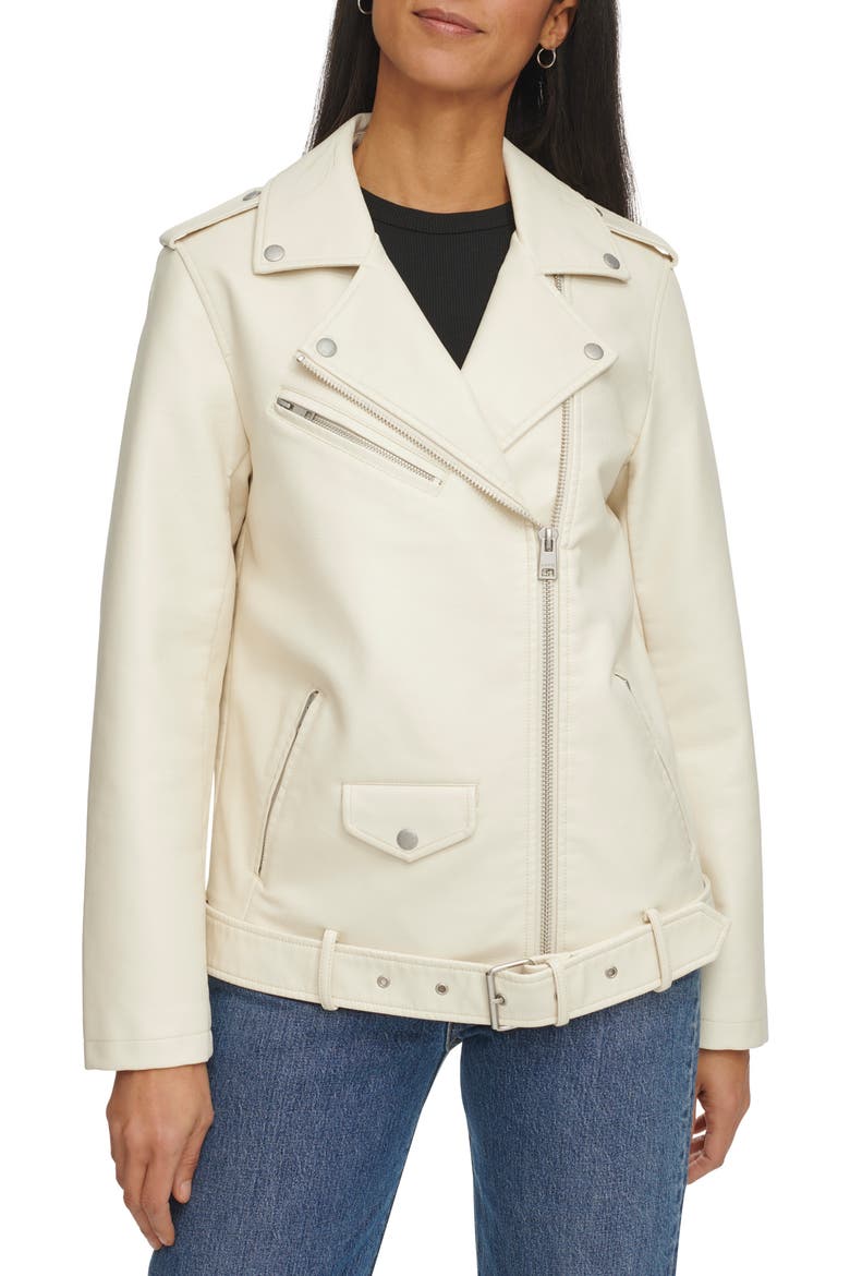 Longline Belted Faux Leather Moto Jacket, Main, color, OYSTER