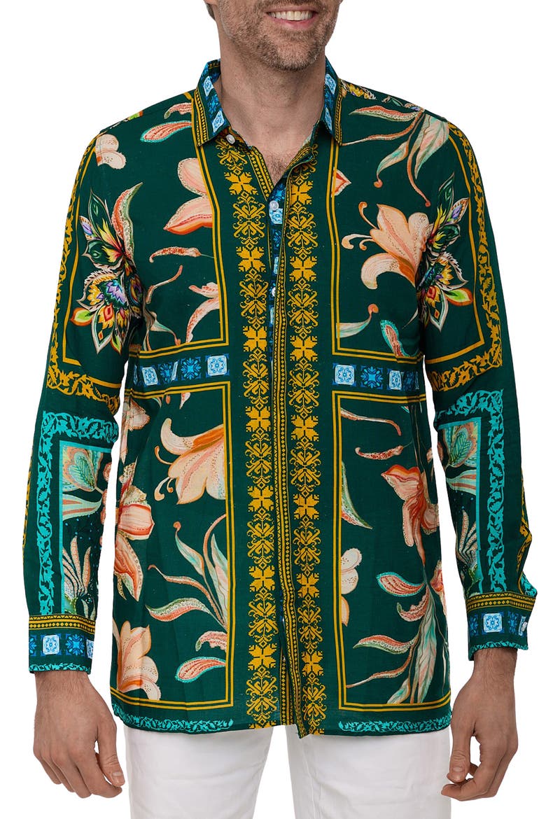 Extra Trim Fit Print Linen & Cotton Button-Up Resort Shirt, Main, color, GREEN