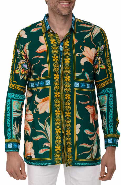 RANEES Extra Trim Fit Print Linen & Cotton Button-Up Resort Shirt