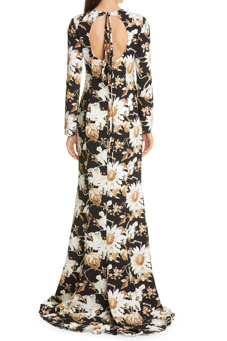 Flower & Vine Print Crepe Gown, Alternate, color, BLACK