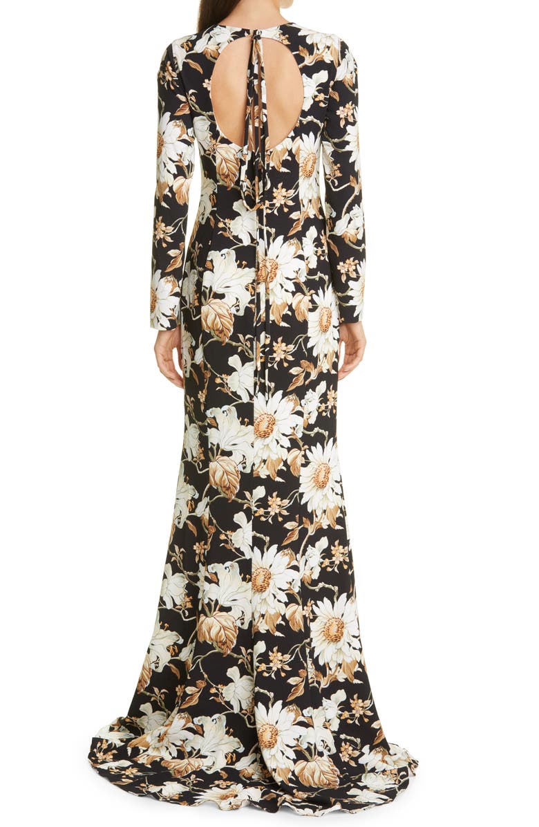 Oscar de la Renta Flower & Vine Print Crepe Gown, Alternate, color, 