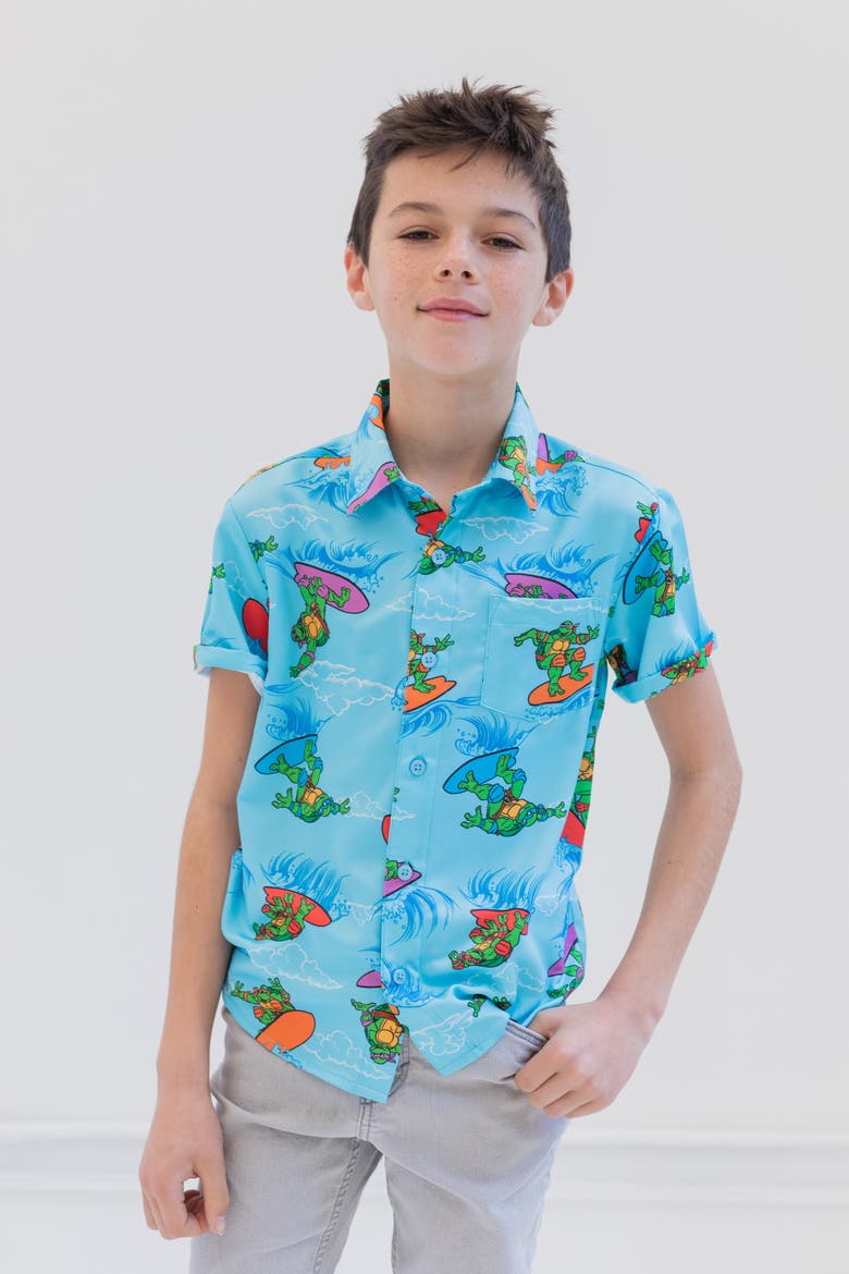 Hawaiian Short Sleeve Button Down Shirt, Alternate, color, TMNT Light Blue