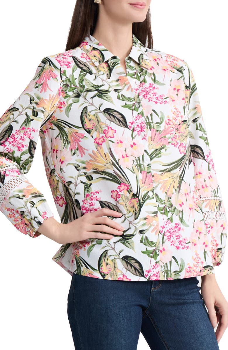 Jones New York Floral Linen Blend Button-Up Shirt, Alternate, color, White Sand Multi