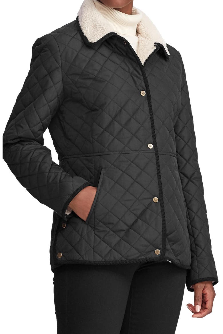 Faux Shearling Collar Quilted Jacket, Main, color, BLACK