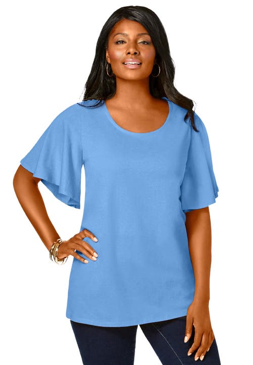 Jessica London Stretch Knit Flutter Sleeve Tunic In Blue