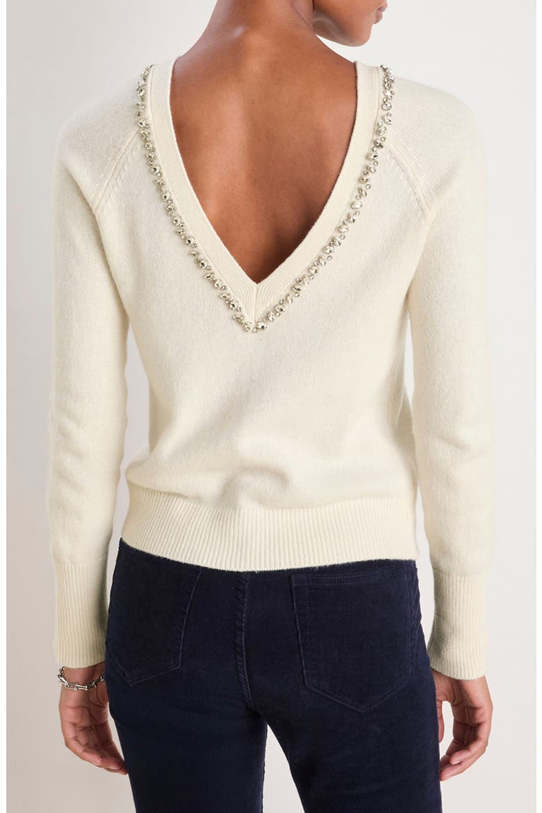 Rhinestone Embellished Wool Blend V-Neck Sweater, Alternate, color, MARSHMALLOW