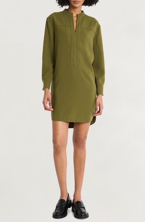 Split Neck Long Sleeve Shift Dress